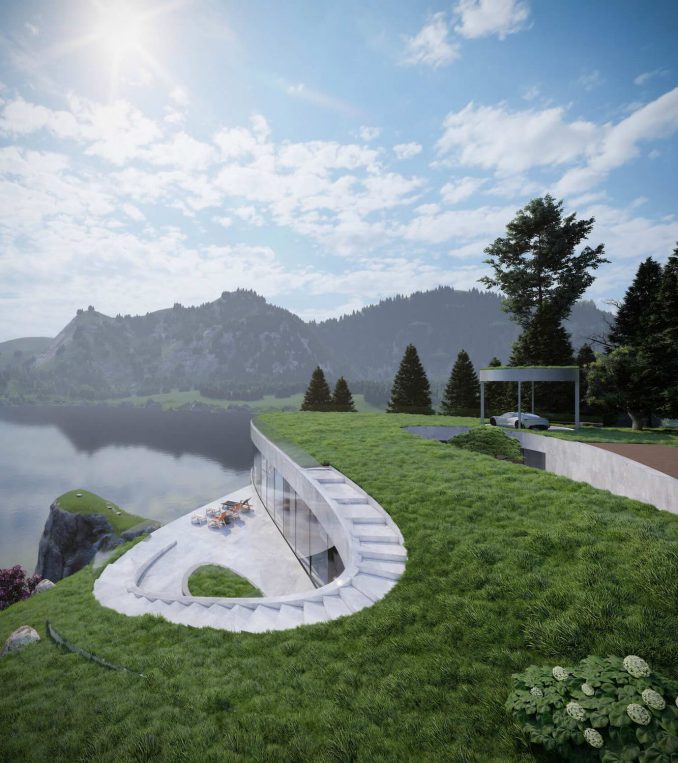 Проект дома для отдыха с зелёной крышей над озером в Канаде 